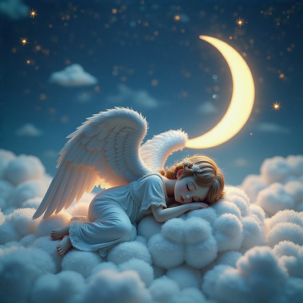 Smallest Angel Asleep Under Stars in Vaporwave Style