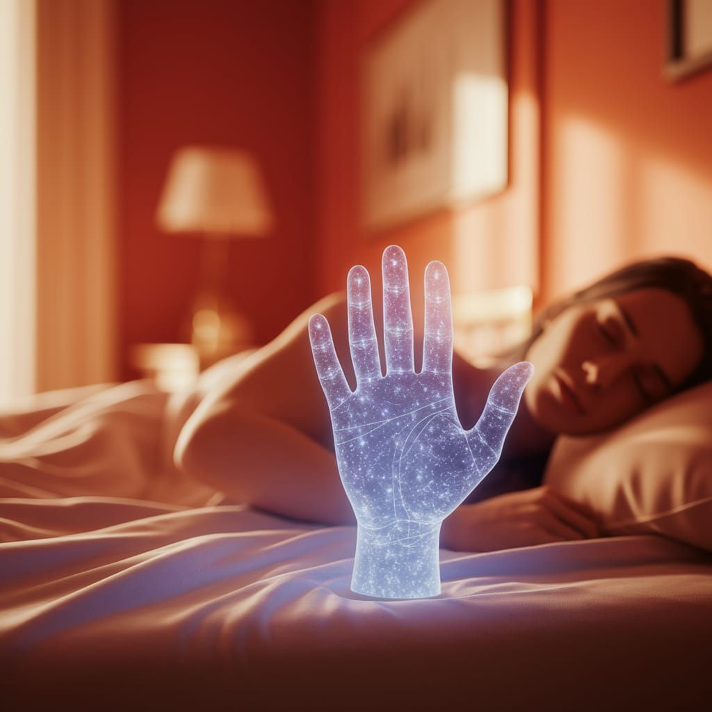 Ethereal Blue Hologram Hand in Bedroom Scene