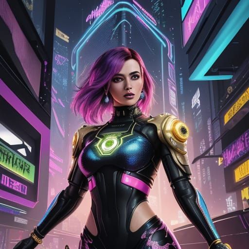 Glamorous Cyberpunk Goddess in Whimsical Floral Wonderland