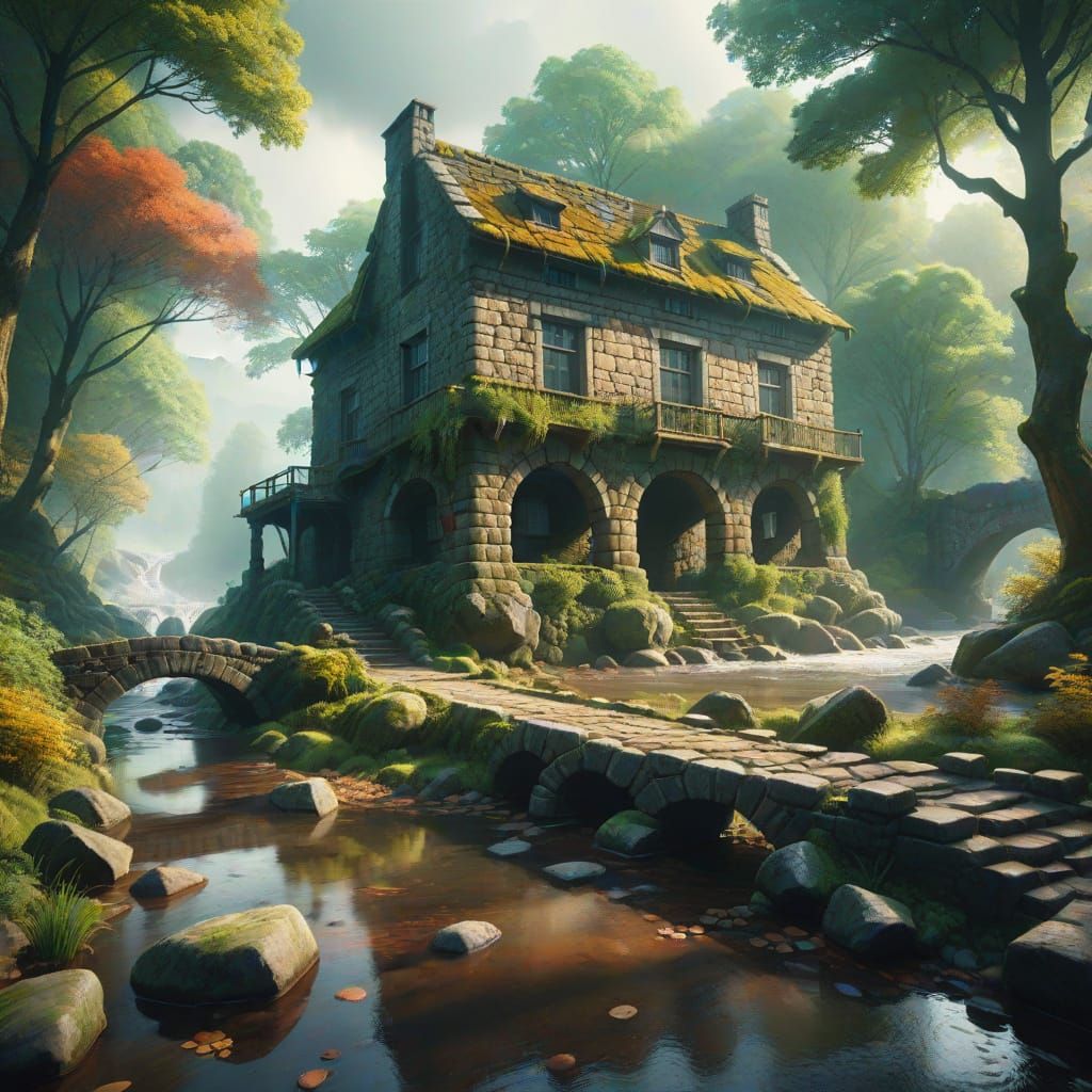 Ancient Stone House and Bridge in Hyperrealistic Style