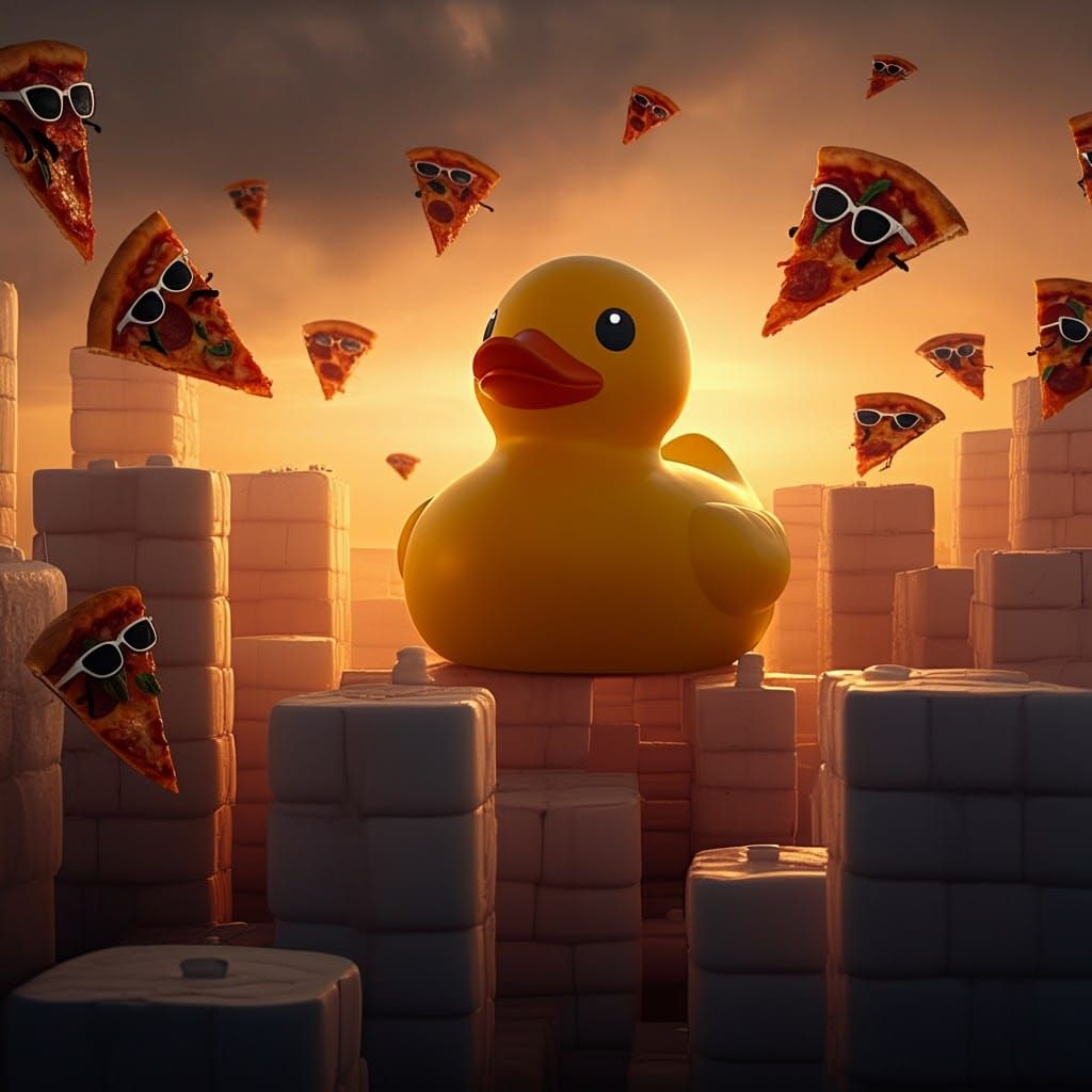Giant Rubber Duck Versus Pizza Army in Marshmallow City