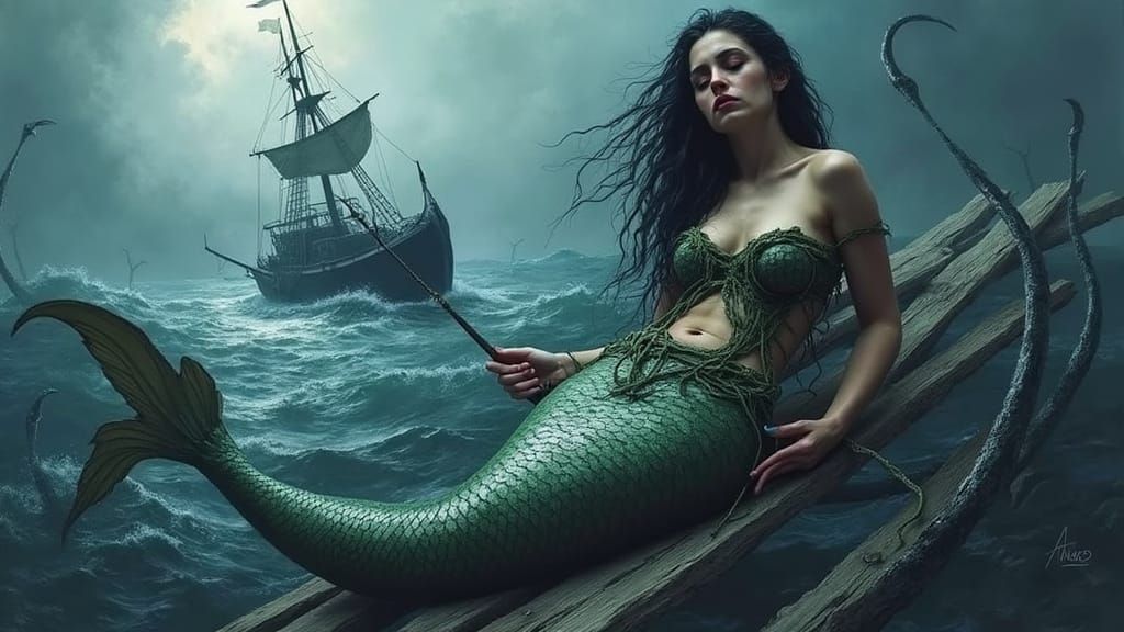 Sinister Mermaid Sinks Wooden Ship in Dark Waters