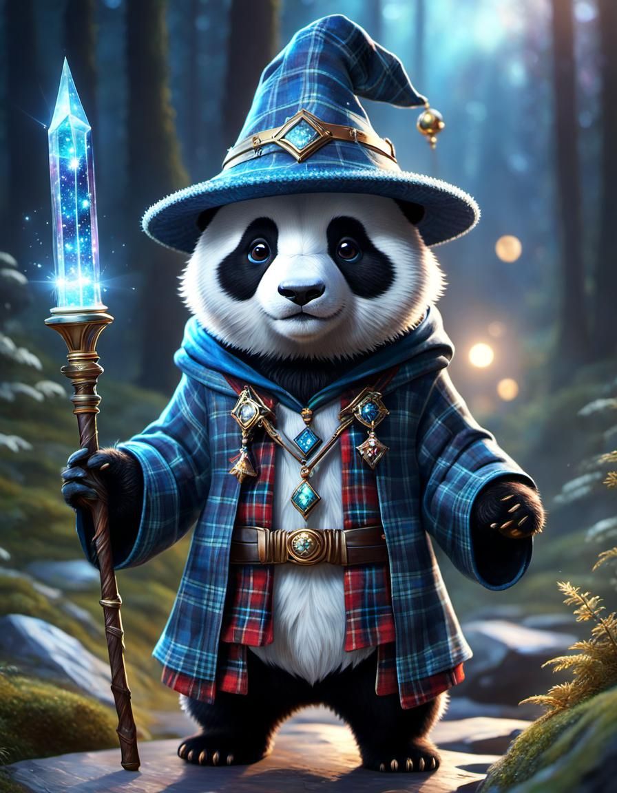 Plaid Panda Wizard in Cosmic Scene