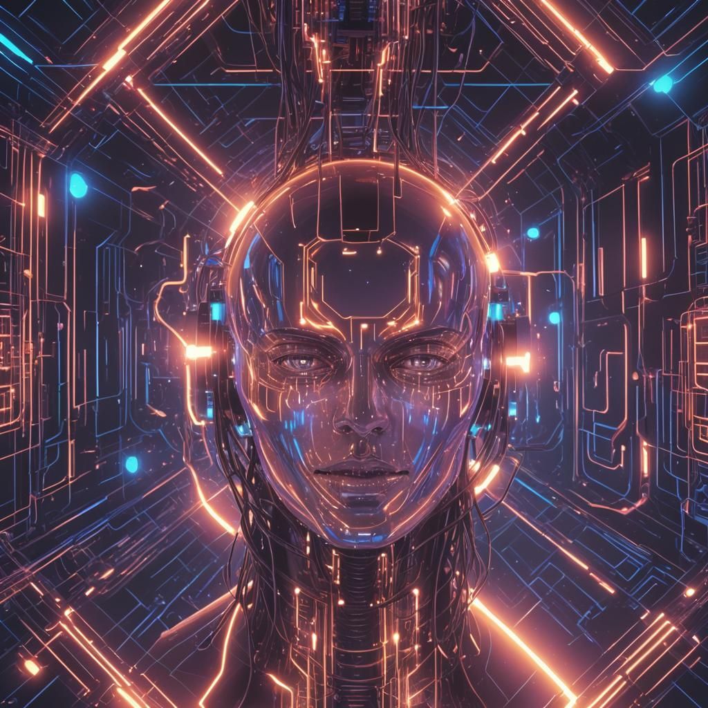 Blue Holographic Cybernetic Overmind Matrix Hub in Synthwave