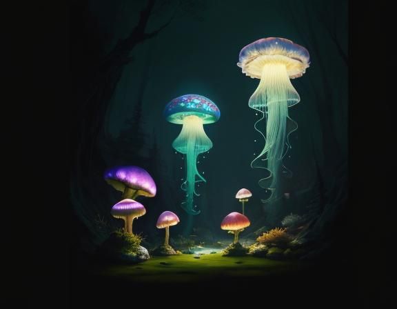 Jellyfish in Toadstool Forest, Beatrix Potter Style