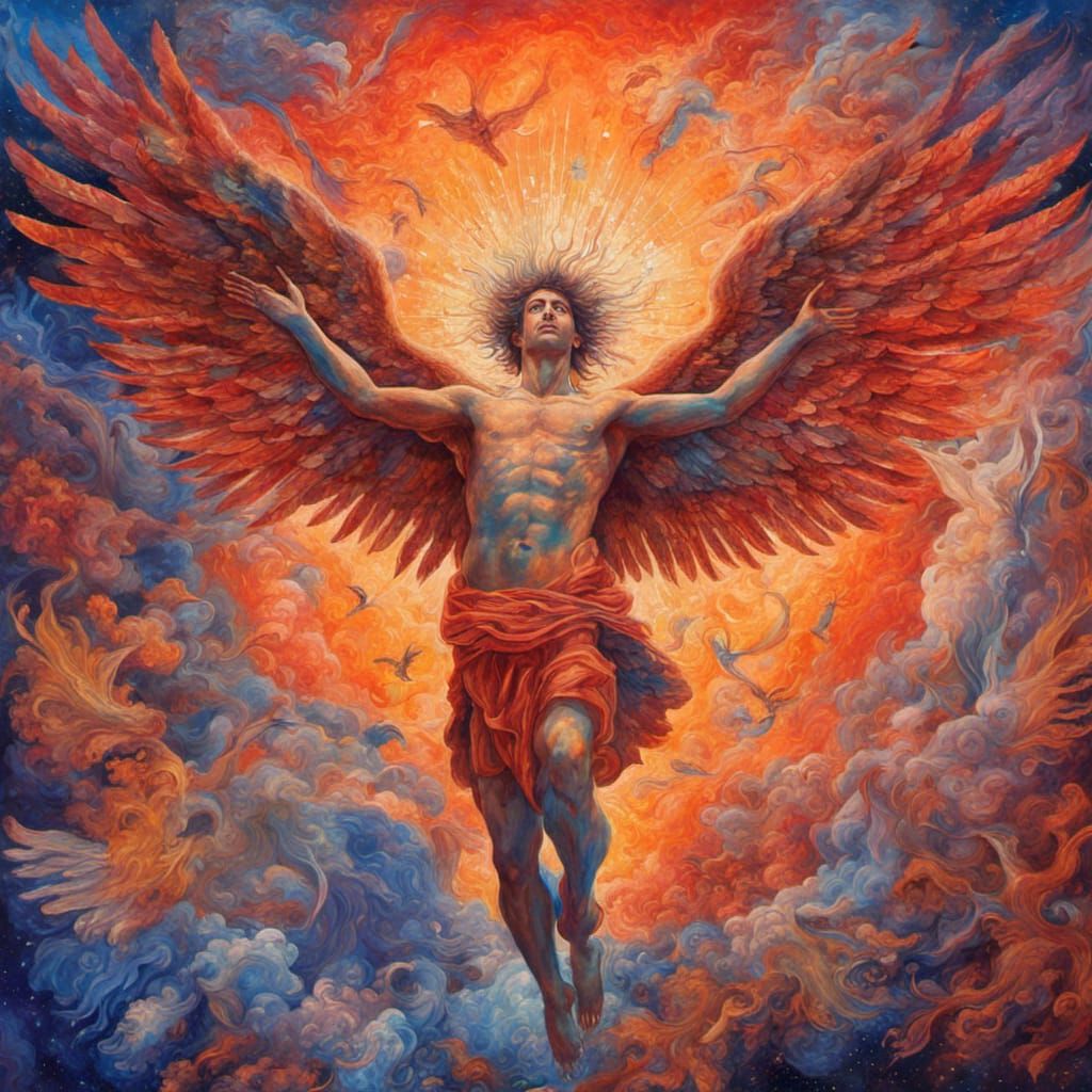 Icarus' Descent: A Cosmic Surrealist Painting