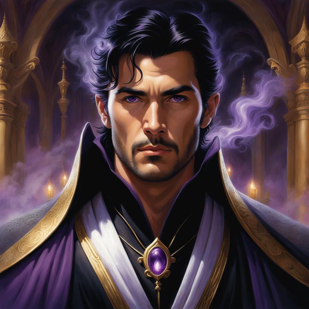 Ethereal Man with Purple Eyes in Black Robe
