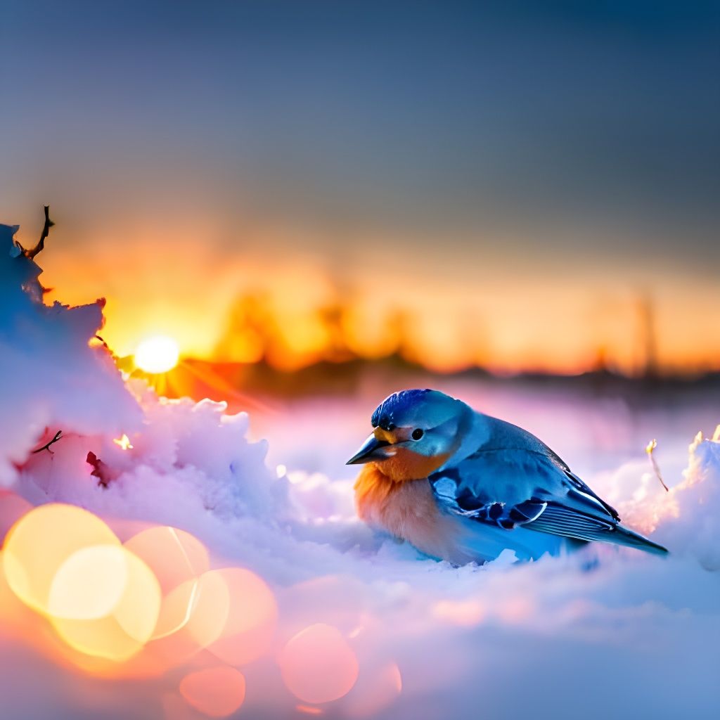 Cute Bird Snuggled in Snowy Tree at Sunrise