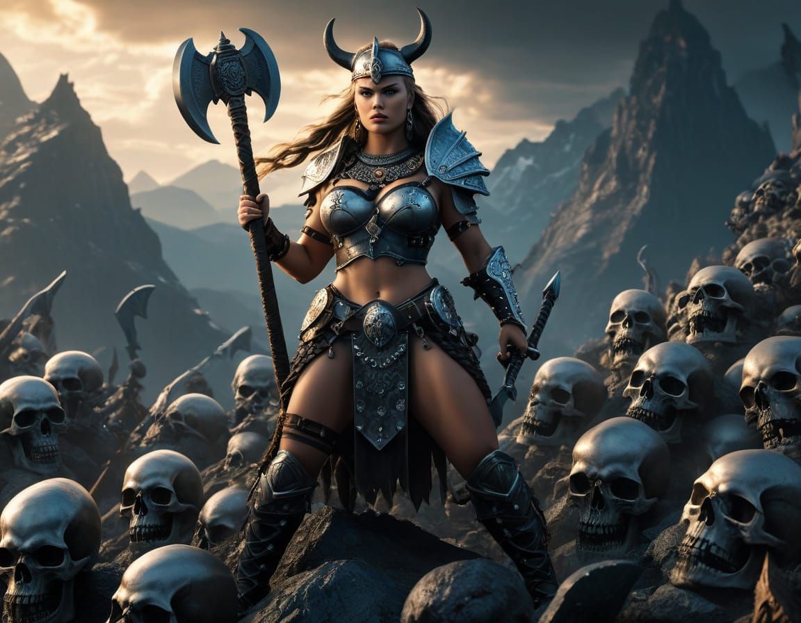 Valkyrie with Axe on Mountain of Skulls