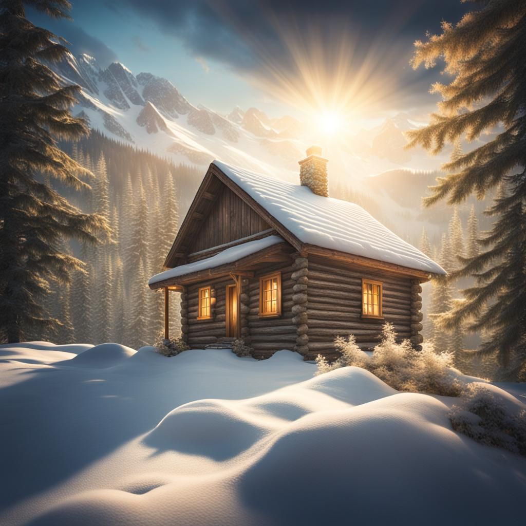 Liminal Cabin in Mountains with Divine Sunlight