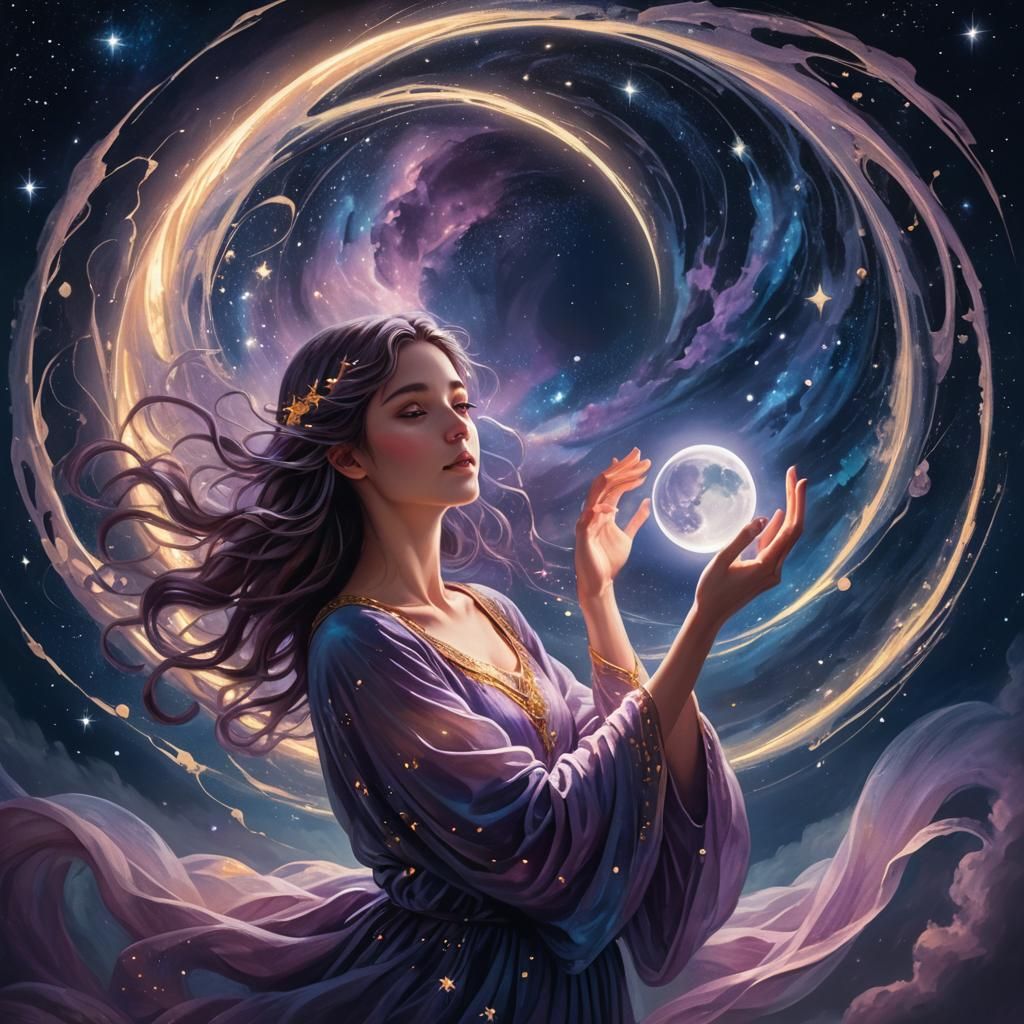 Ethereal Woman Holding Moon in Surrealist Starry Night