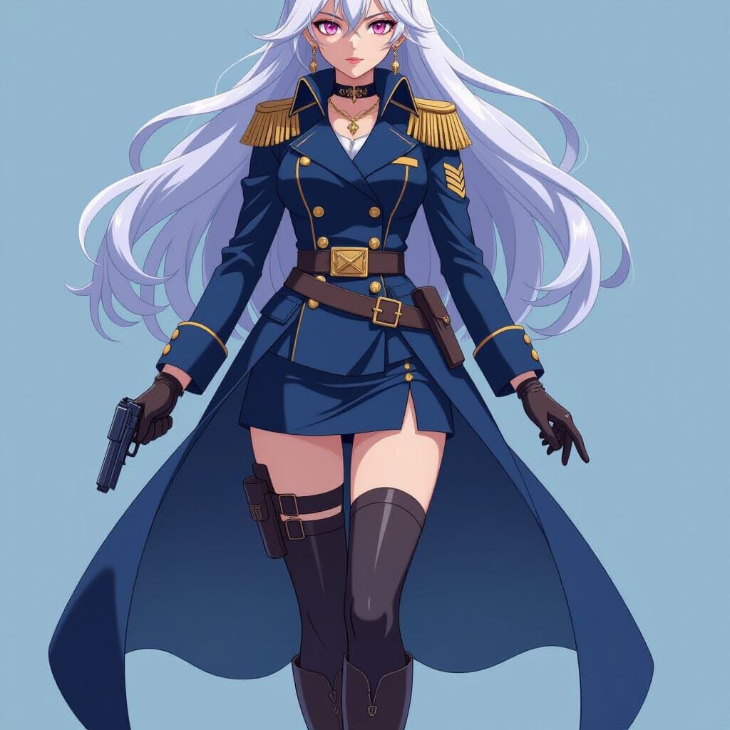 Anime Female Admiral with White Hair and Pink Eyes