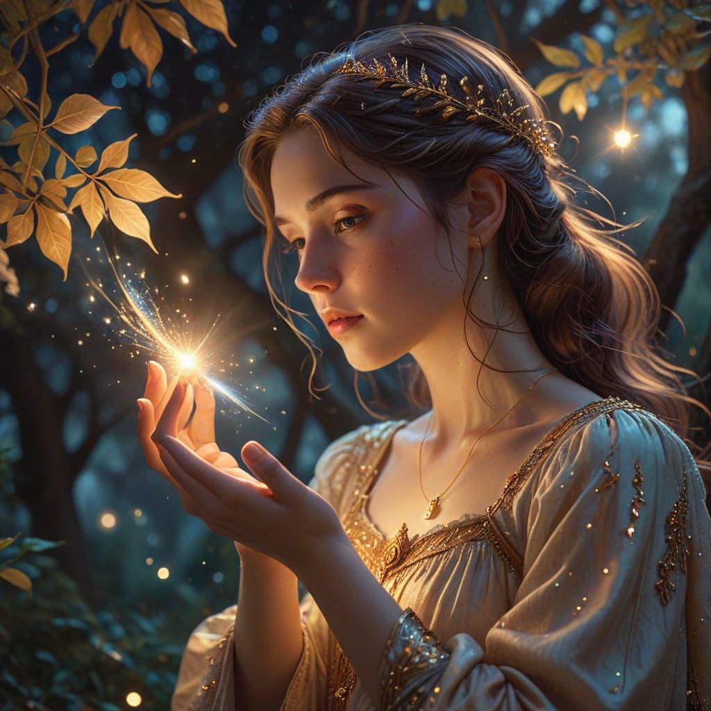 Girl Holds Comet in Dreamy Art Nouveau Style