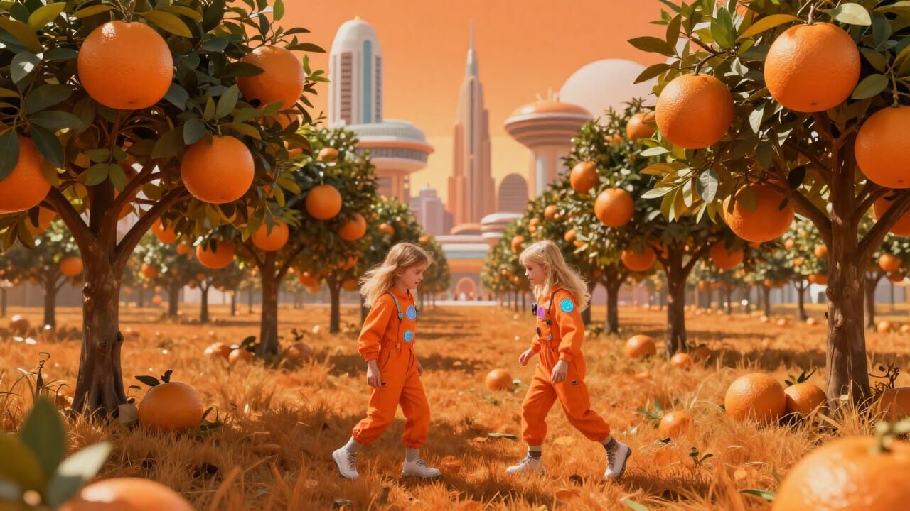 Retro-Futuristic Girls Play in Gigantic Orange Field