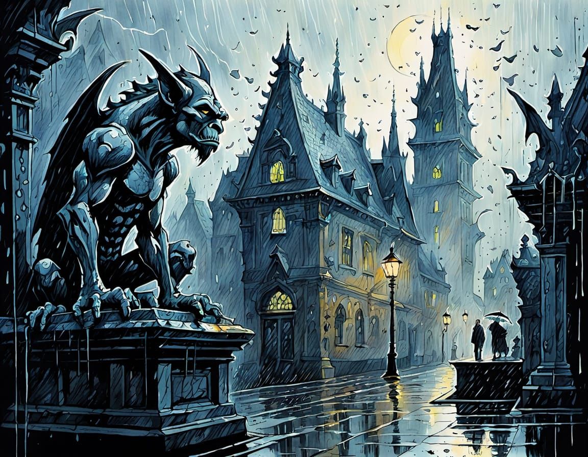 Gargoyles in Rainy Surrealist Impressionism Landscape