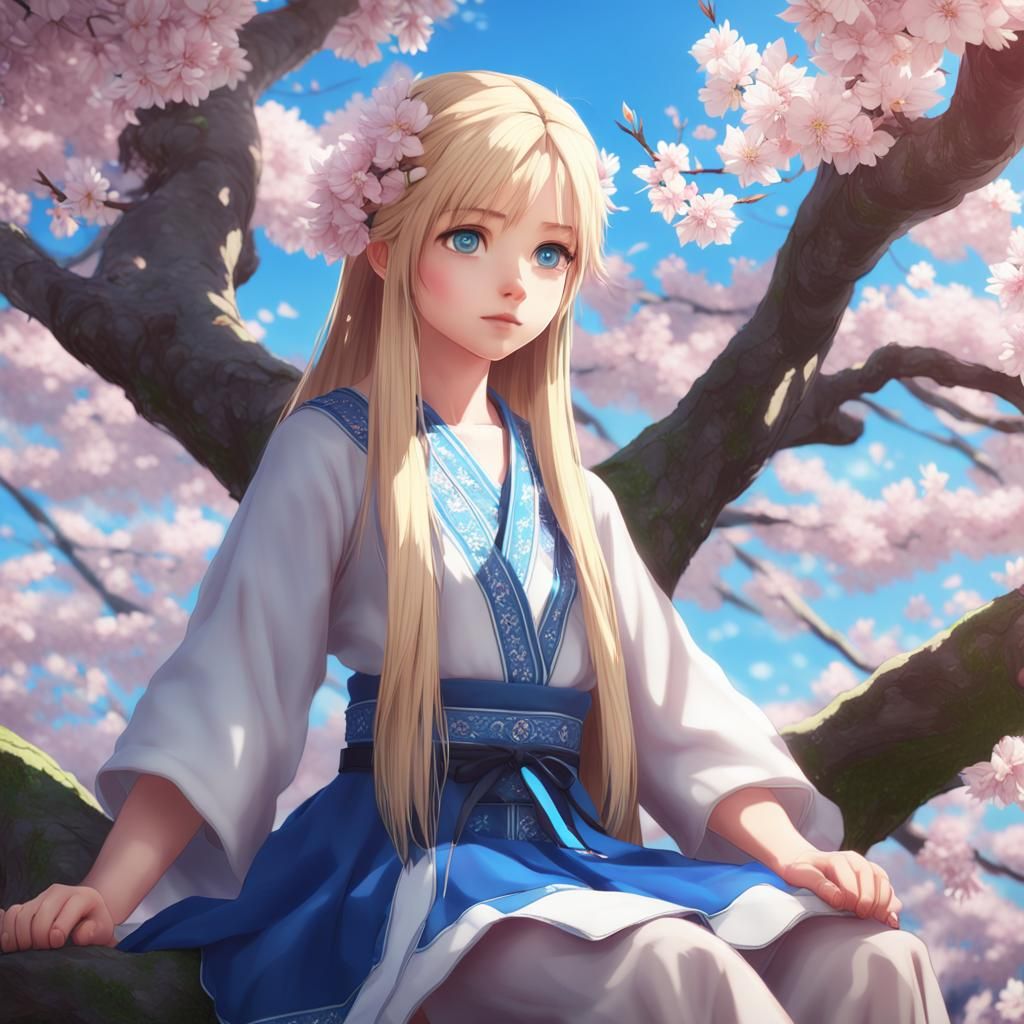 Beautiful Girl Under Cherry Blossom Tree: 3D Anime Art