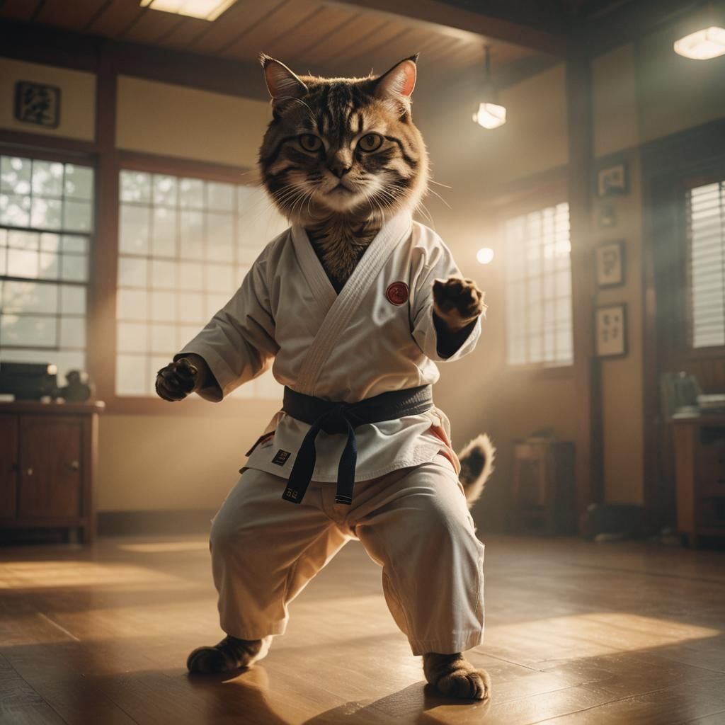 Karate Cat Master in Misty Dojo, Cinematic Style