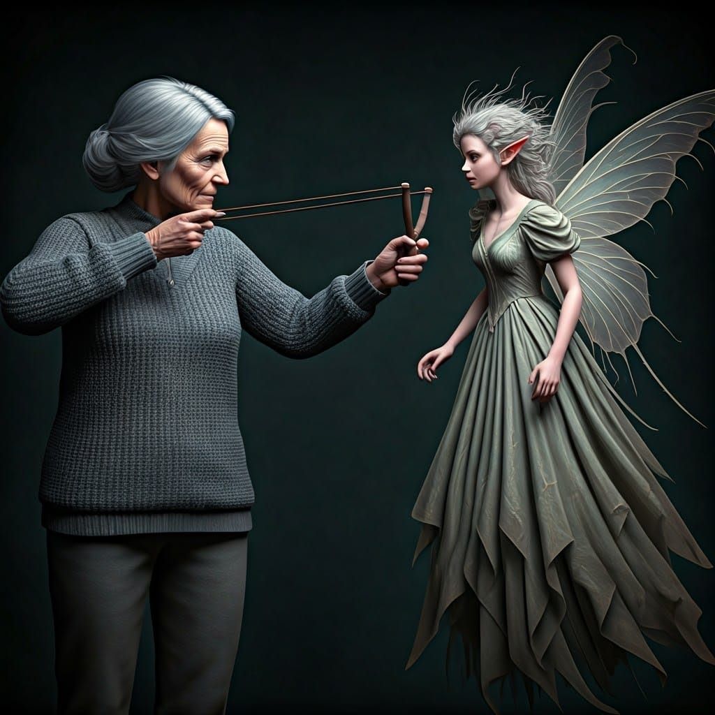 Mature Woman in Dark Fantasy Style, Holding Slingshot Aimed ...