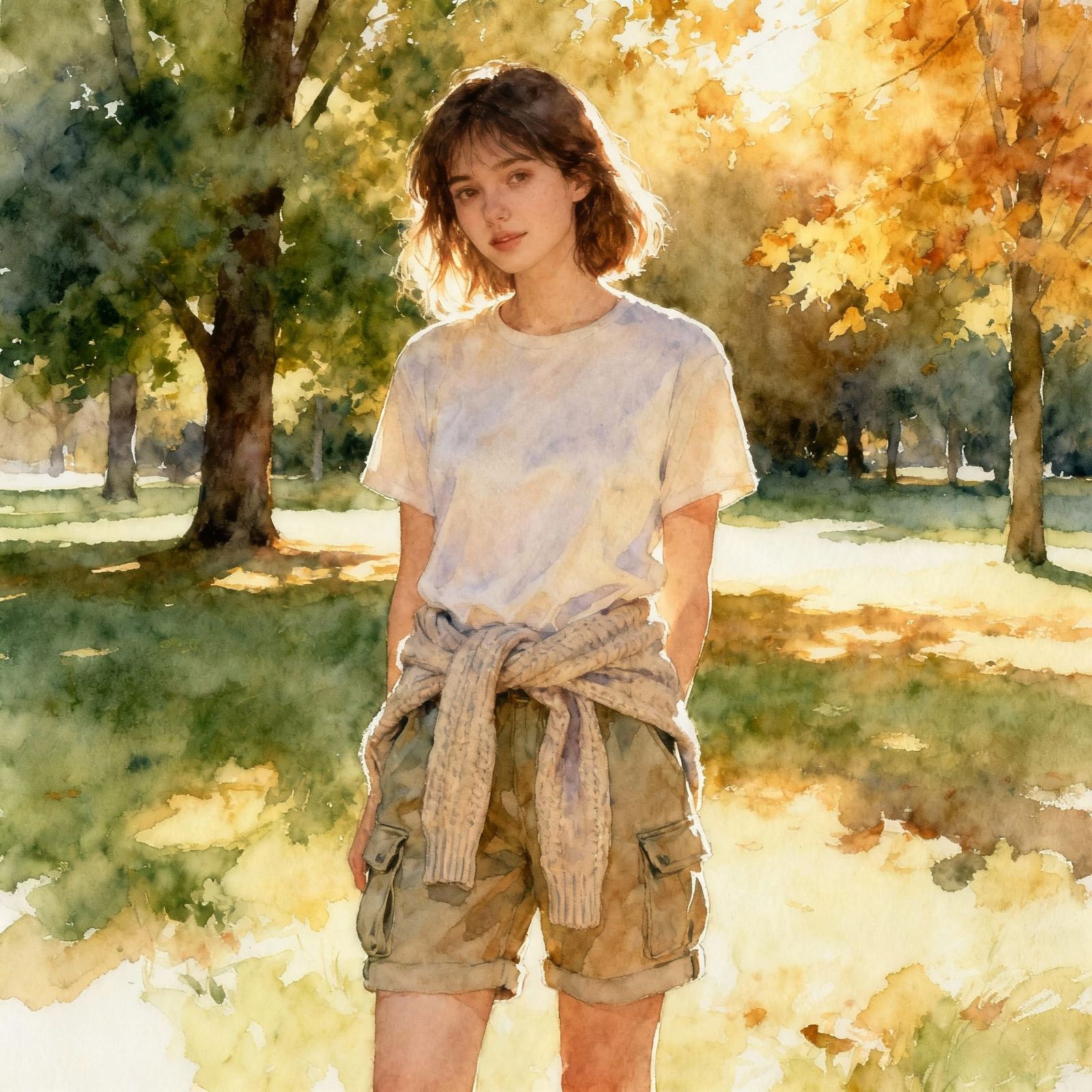 Woman in Sun-Dappled Park Embracing Autumn Transition