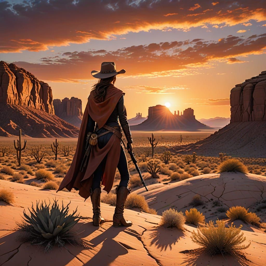 Cowgirl at Sunset in Desert Landscape