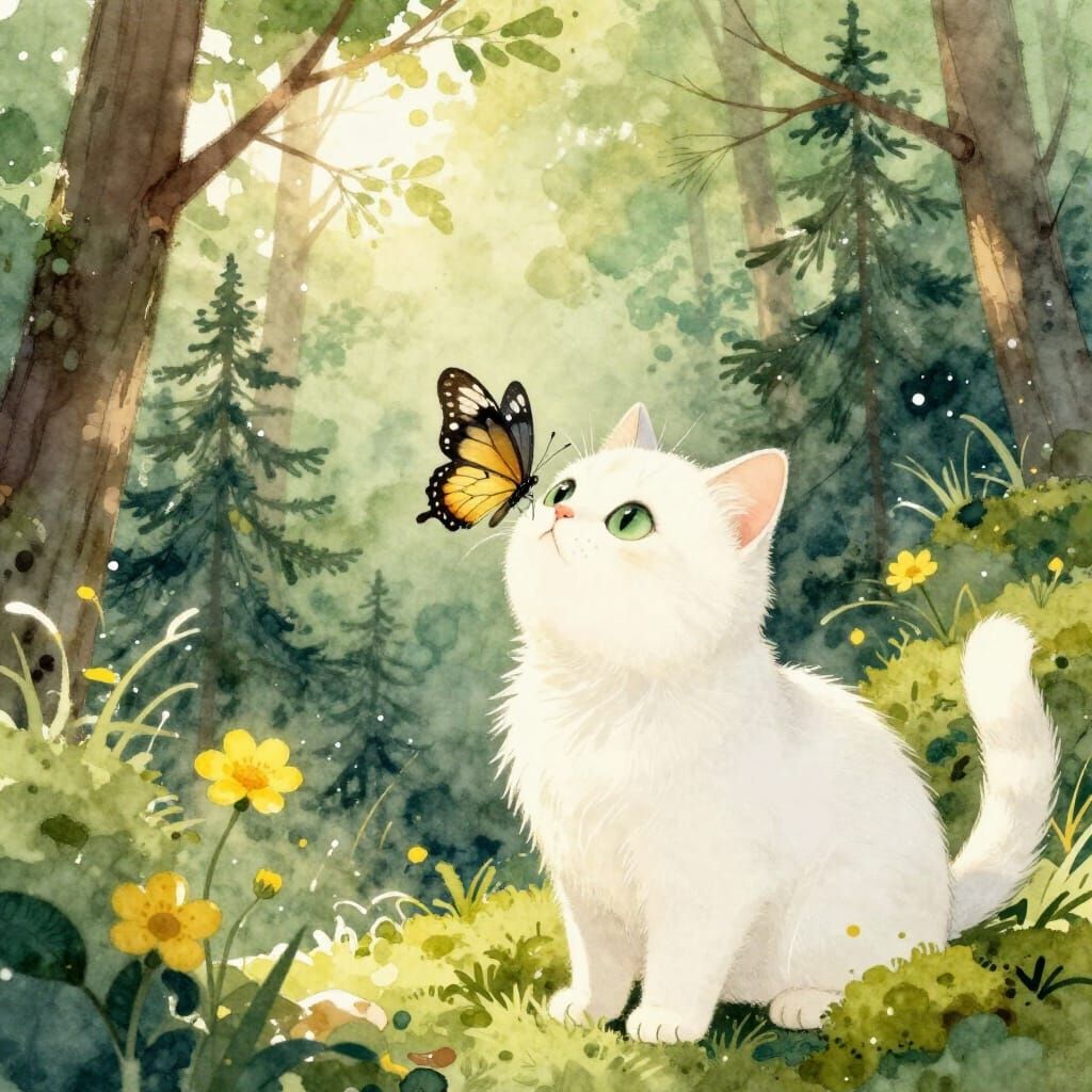 Whimsical Watercolor Cat Meets Butterfly