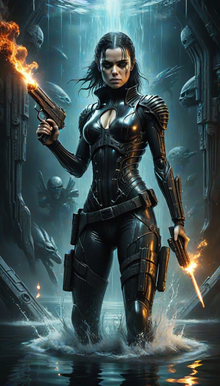 Adventurous Woman with Pistols in Cosmic Fire and Water