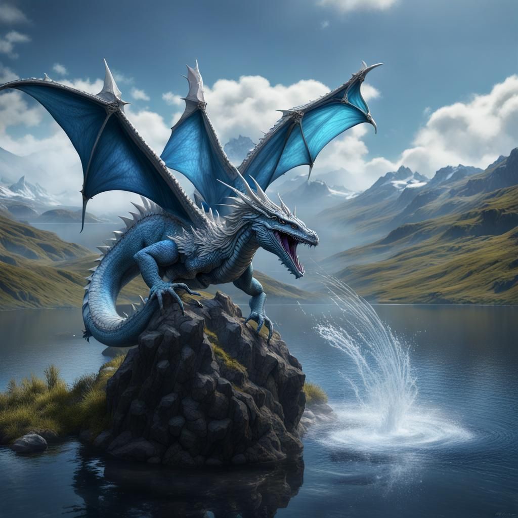 A fantasy blue and silver water dragon with skin and scales of splashing water flying over a lake between high scottish ...