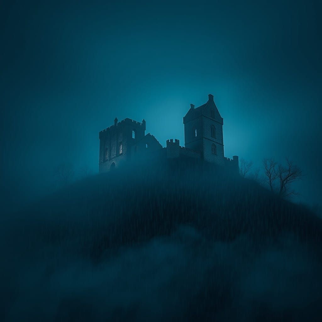 Abandoned Castle on Foggy Hill at Night