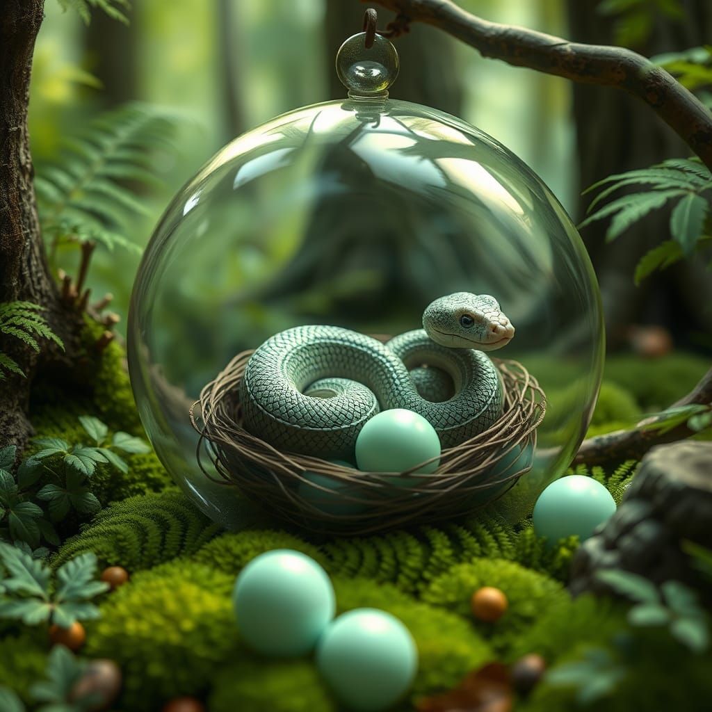 Enchanting Baby Snake in Glass Nest Art