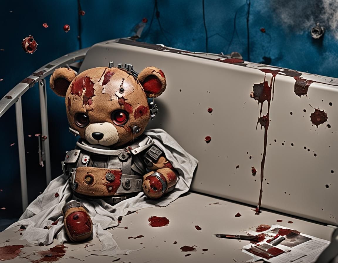 Scarred Cyborg Teddy Bear with Robotic Parts