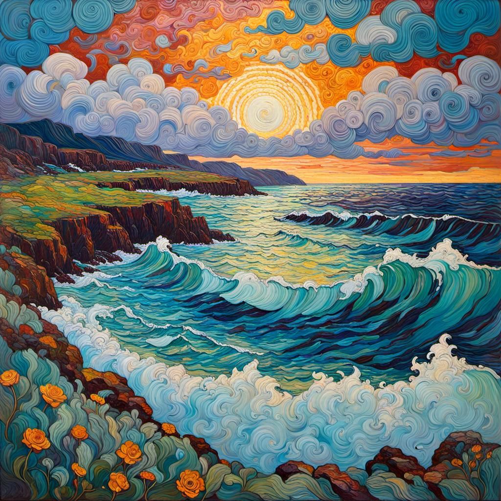 Stormy Sea in Encaustic Impasto Style