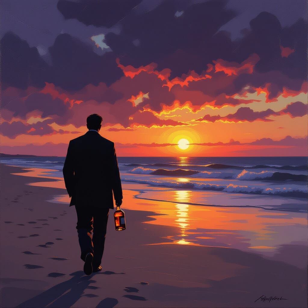 Man Contemplating Beach Sunset with Whisky, Realistic Oil Pa...