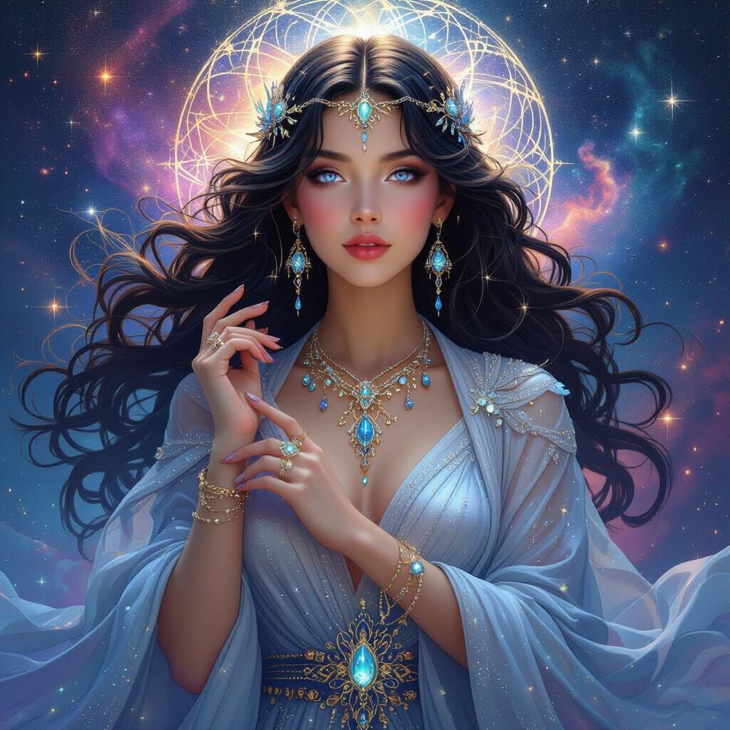 Ethereal Goddess with Celestial Jewelry in Art Nouveau Style
