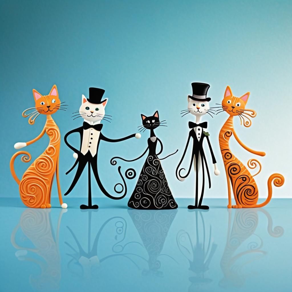 One whimsical tall thin ORANGE TABBY cat stick figure with long swirly upswept hair wearing a gown, one GEAY cat stick f...