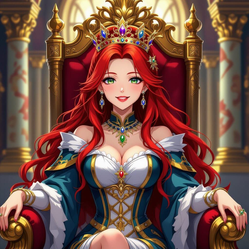 Proud Queen on Throne in Regal Attire, Anime Hyperrealism