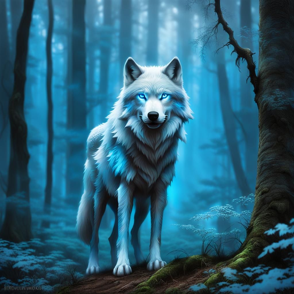Ethereal Spirit Wolf Roams Ancient Forest