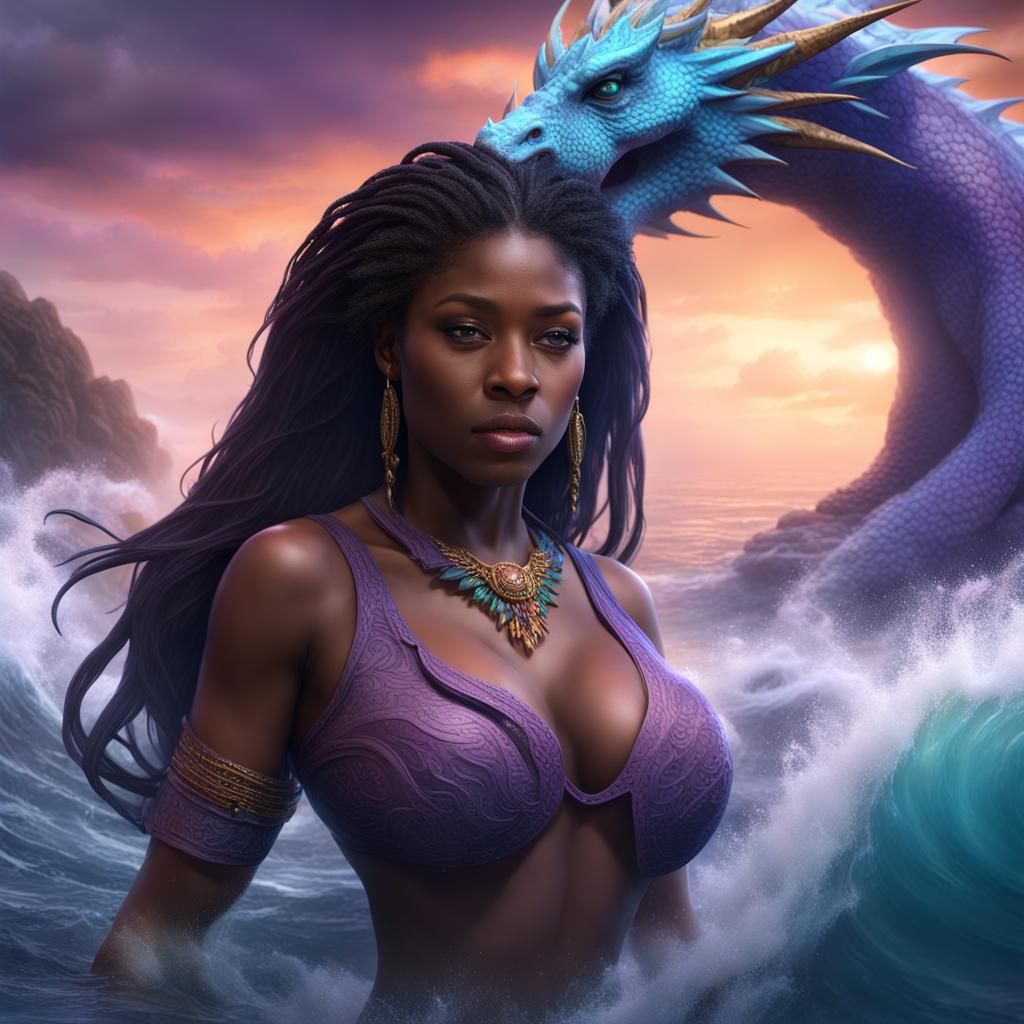 Nigerian Woman Ascending with Dragon, Detailed Digital Art