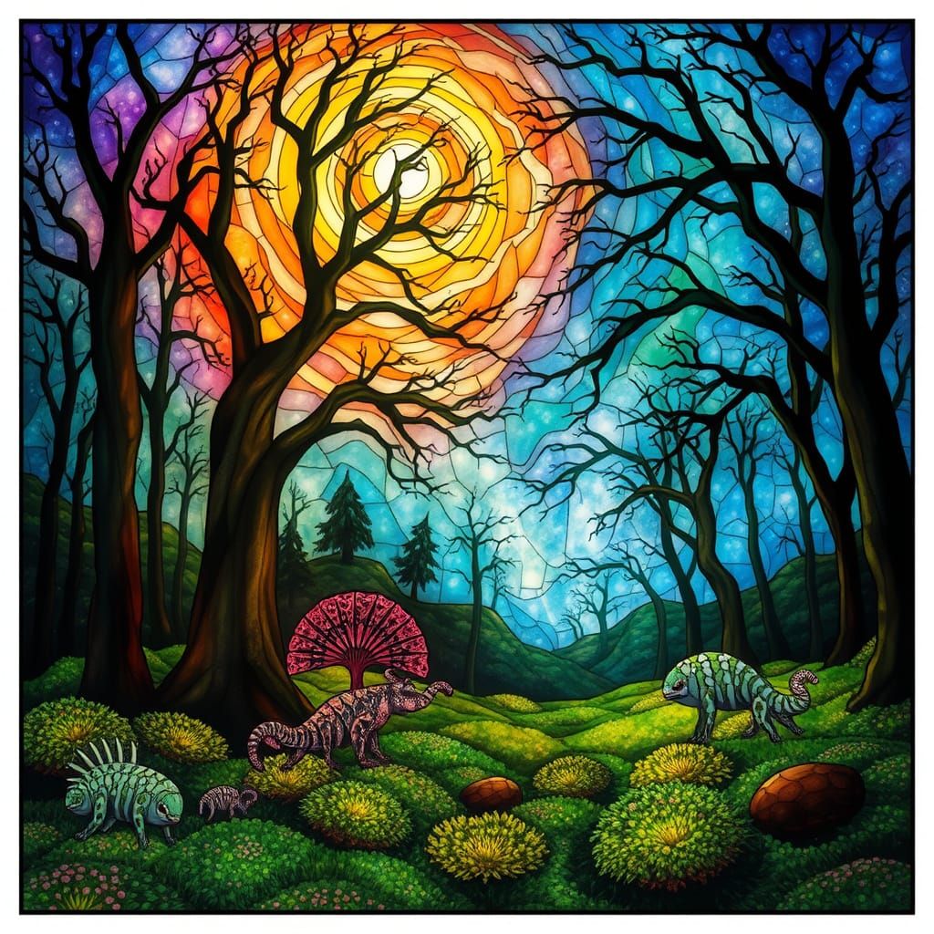 Stained Glass Forest Under Nebula Sky in Bio-Art Style