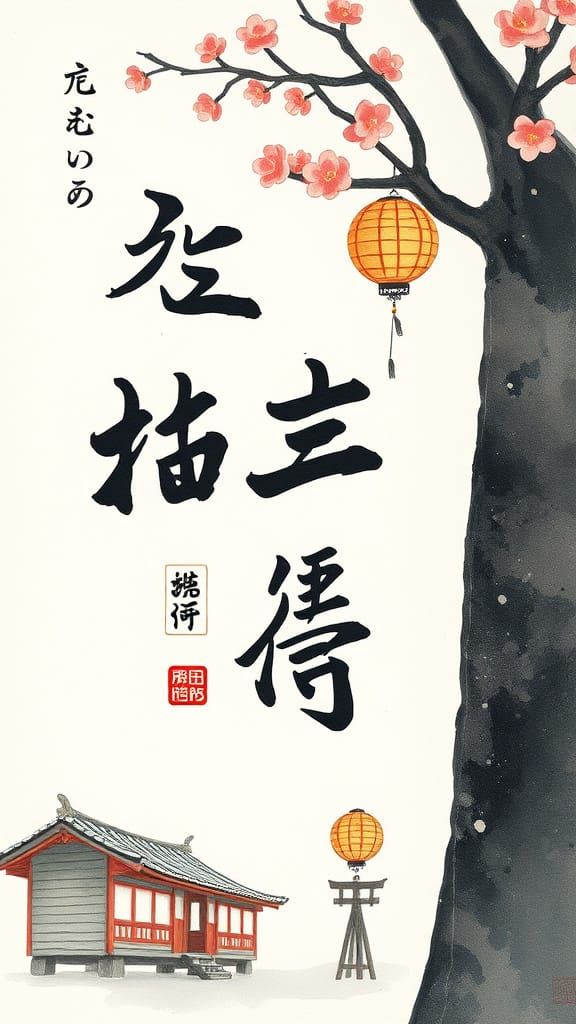 Traditional Japanese Kanji Characters in Whimsical Watercolo...