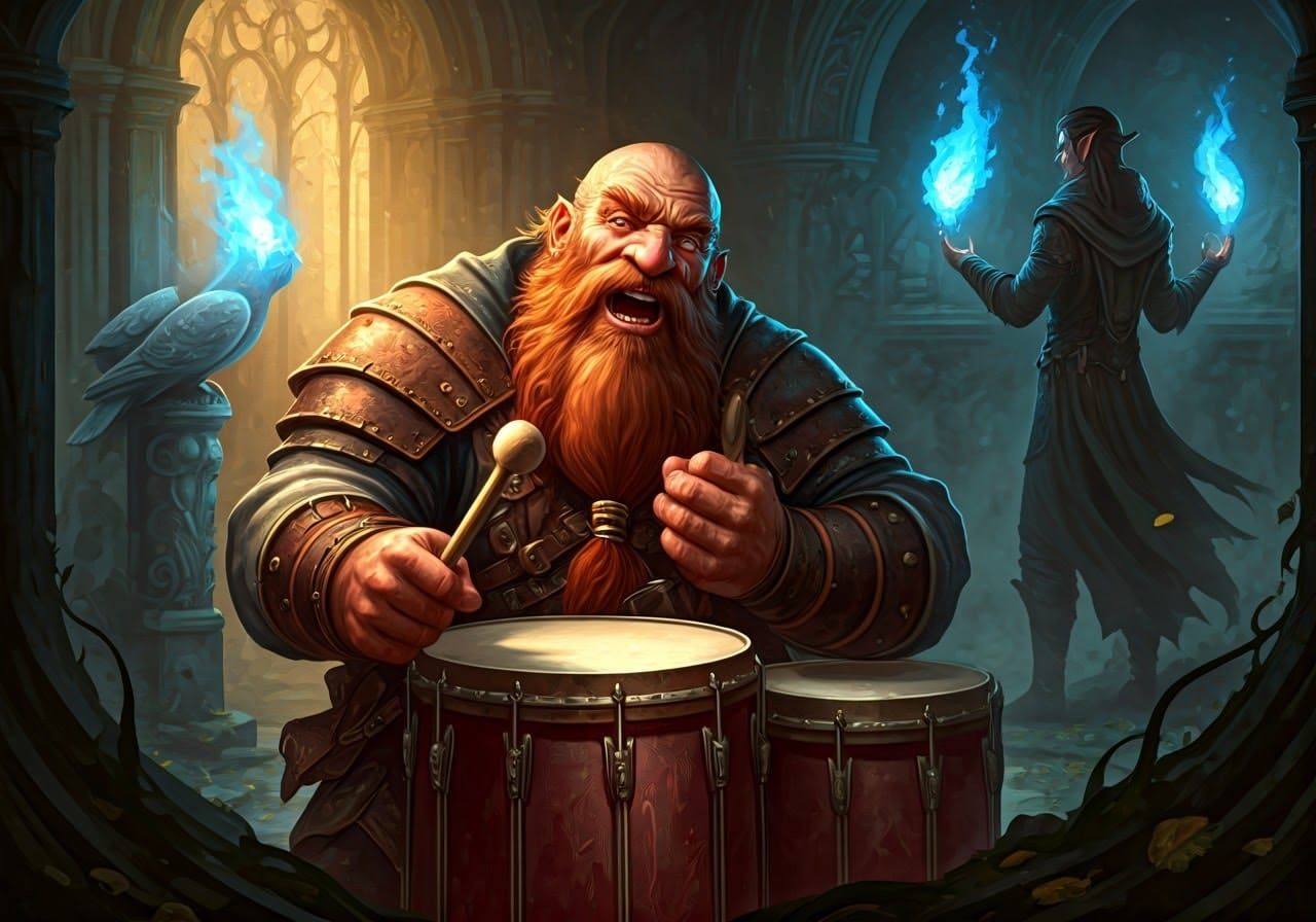 Dwarf Bard Plays Drums with Rogue Pyrotechnics