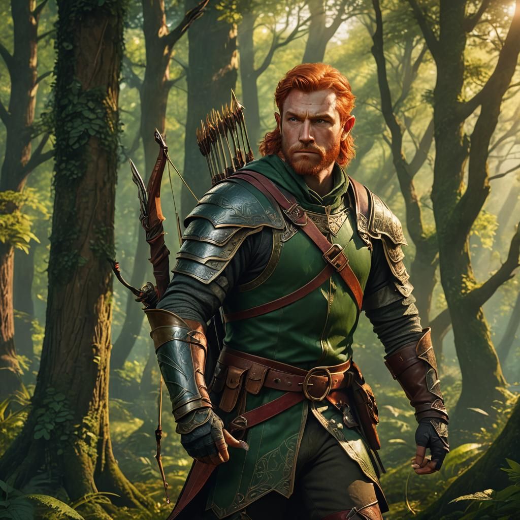 Half-Elf Robin Hood in Forest, Digital Painting