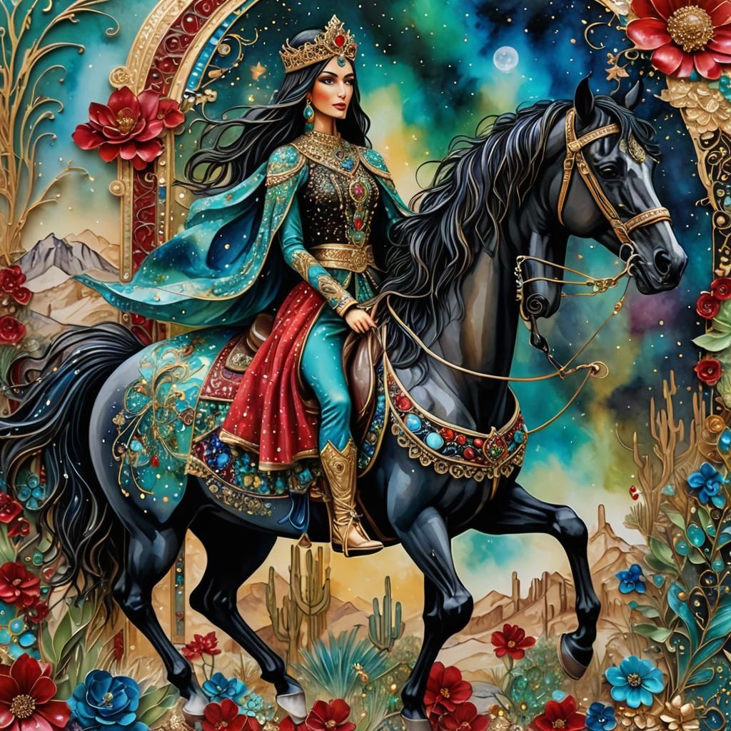 Arabian Princess and Stallion in Mixed Media Style