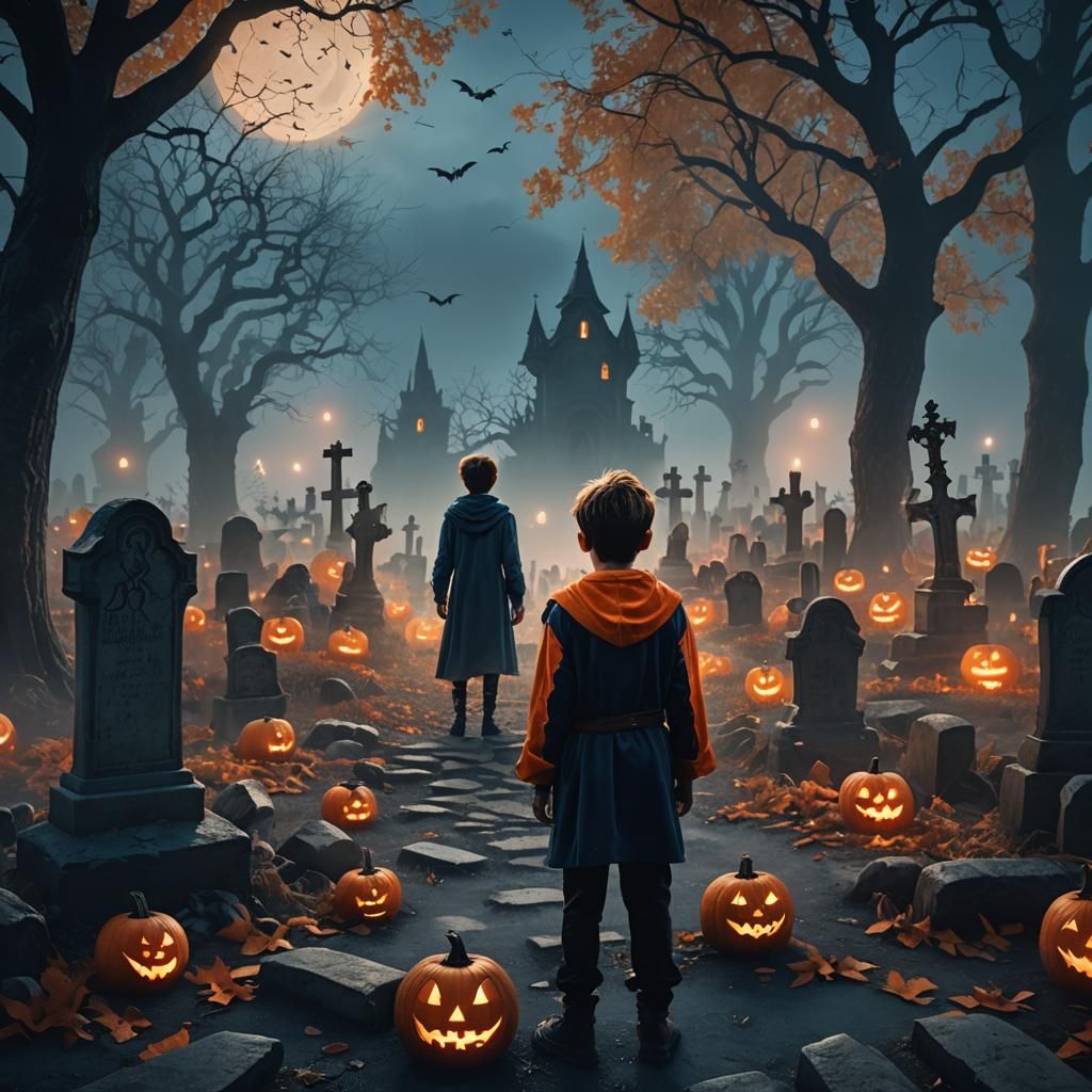 Boy in Costume at Dusk Graveyard as Matte Painting