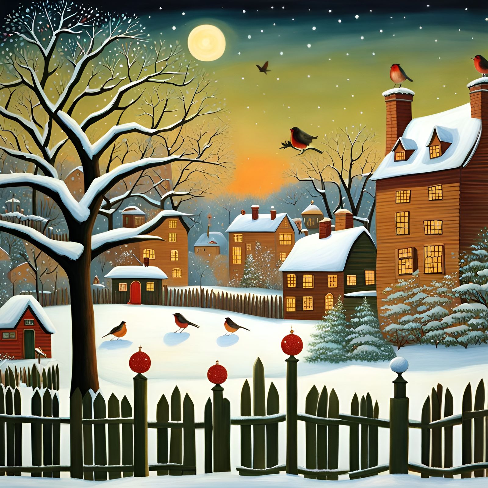 Festive Robin in Winter Village, Naive Art Style