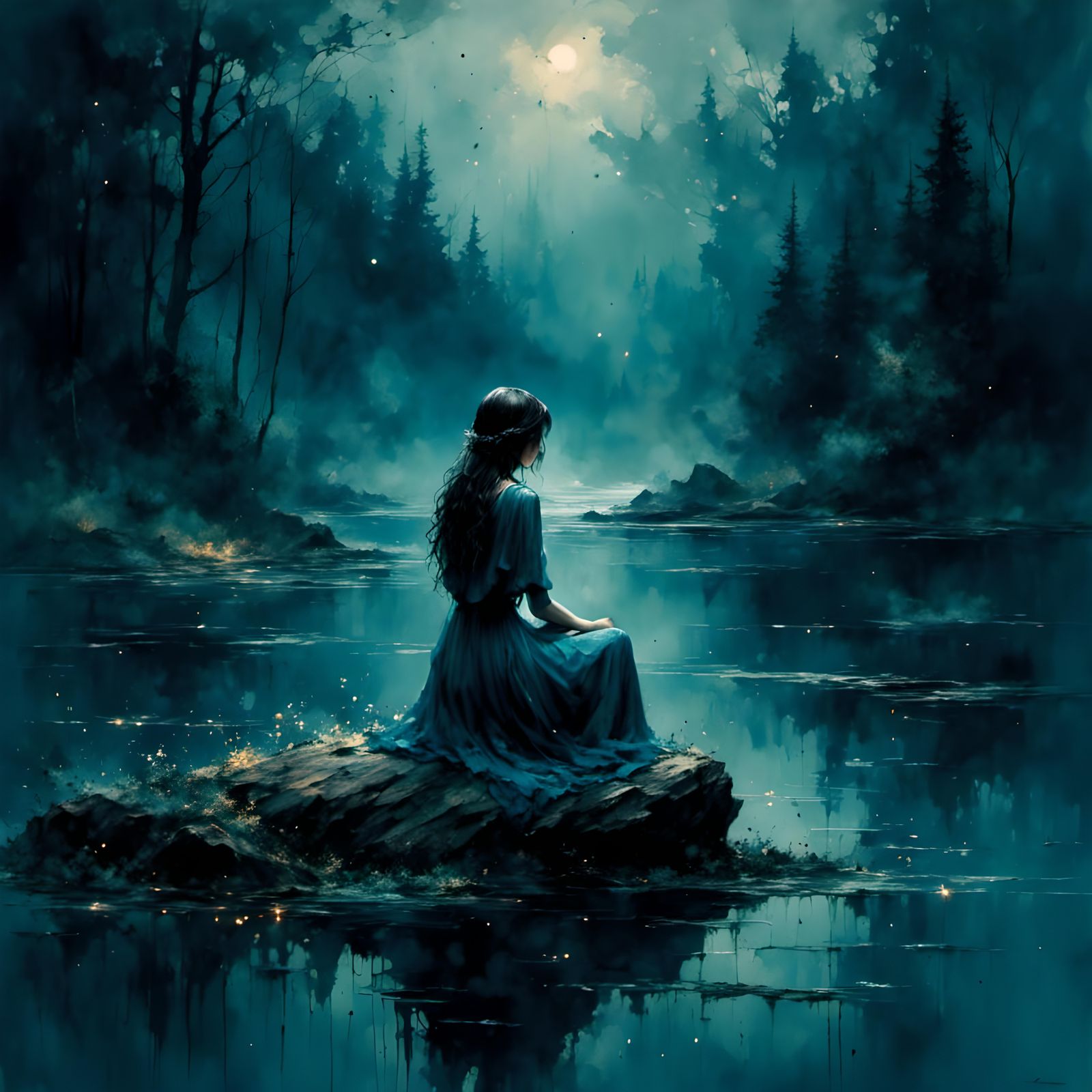 Sad Girl Grieving by Lake at Night