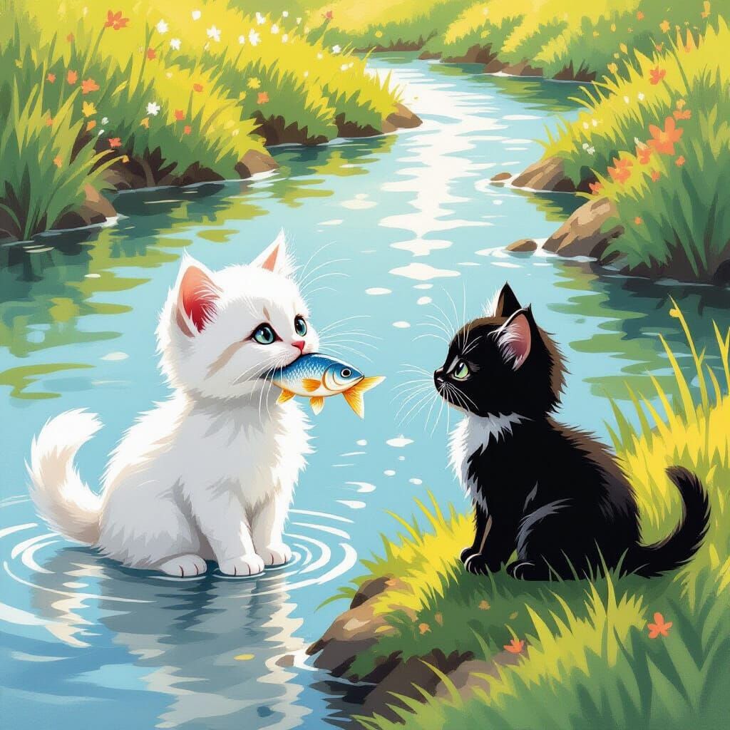 Kittens Share a River Catch in Storybook Style
