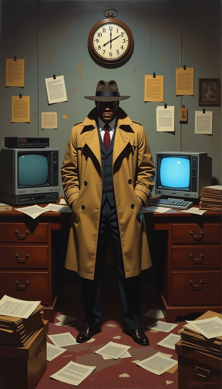 Black Detective in Vintage Office Oil Painting