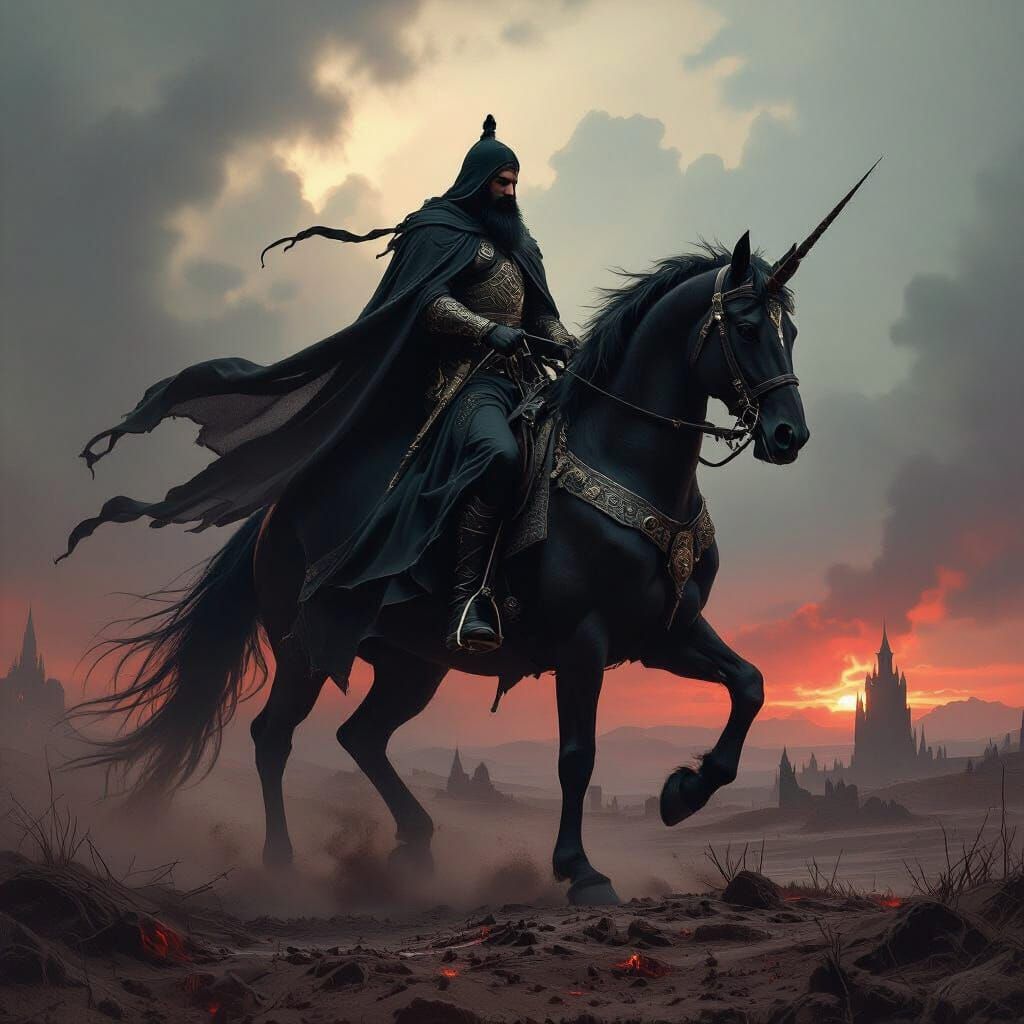 Dark Gothic Pegasus Ride Featuring Historical Figures