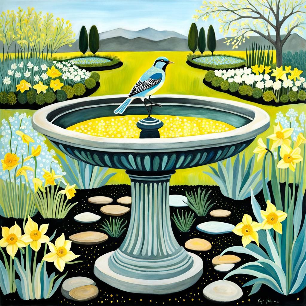 Spring Bird Bath Painting in Kitchen Garden Style