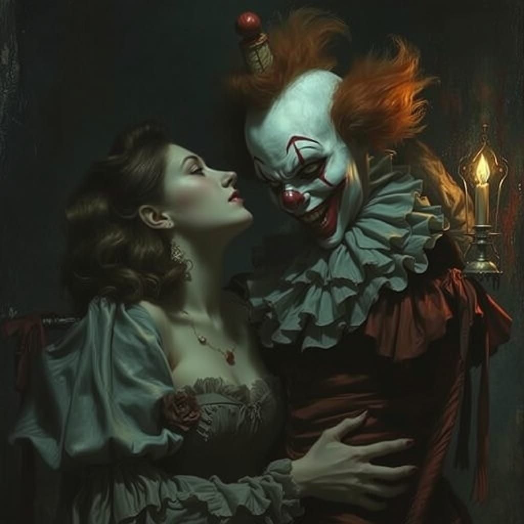 Dark Clown Chases Beautiful Woman in a Haunting Landscape